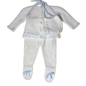 Infant Sweater Set Cardigan Pants Bonnet Boy Girl  White 0 Month NB NWOT